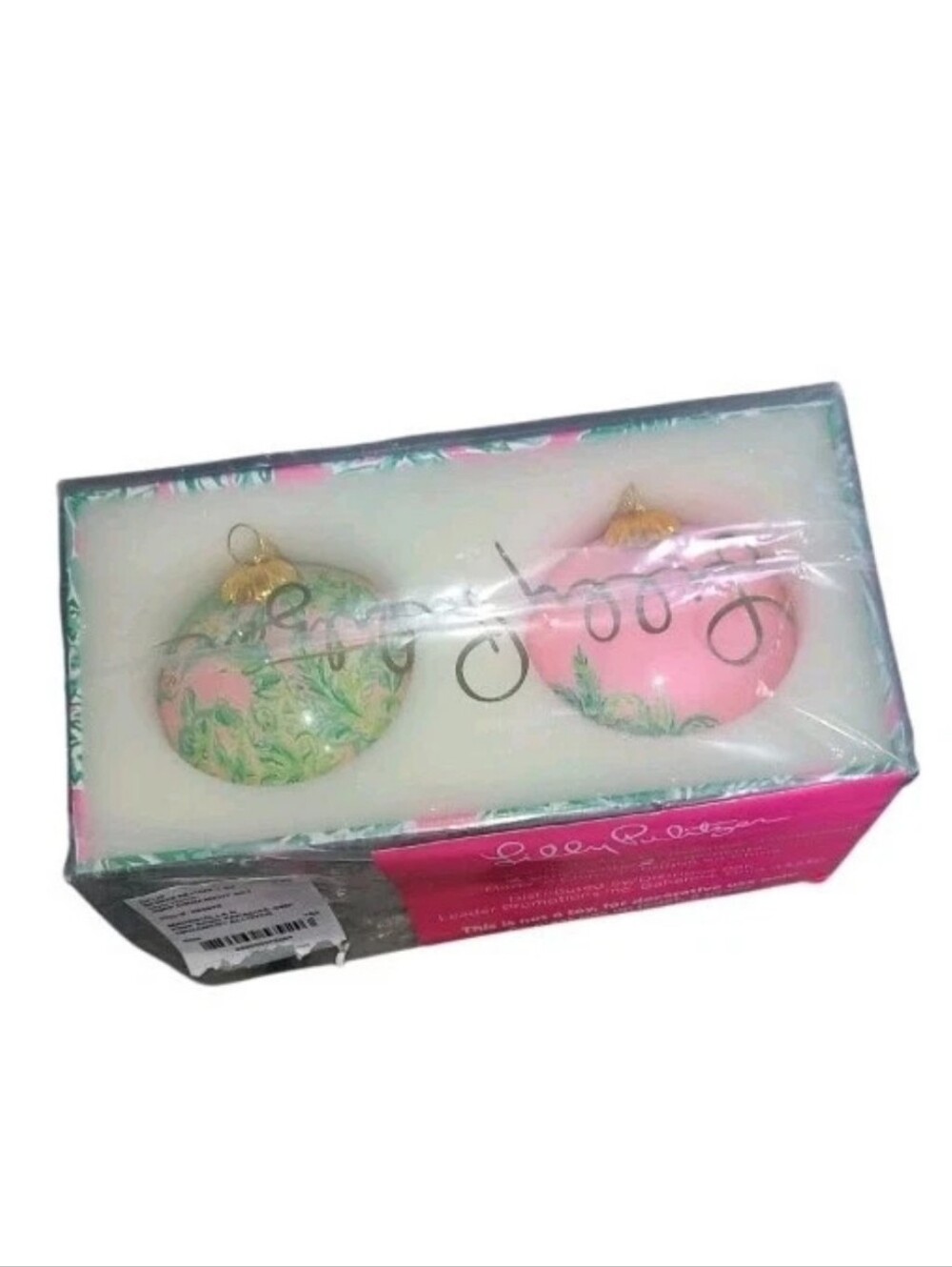 Lilly Pulitzer Green & Pink Ornament Set 2-Pack in Box Palm Beach Decor NIB